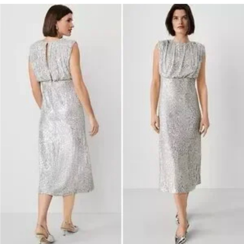 Ann Taylor Silver Sequin Midi Dress